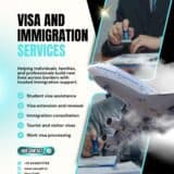 Visa and immigration services poster by Navyah Immigration Services showing student visa help, work visa processing, immigration consultation, and travel support.