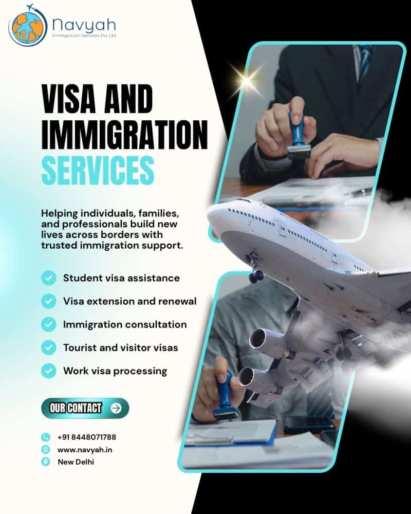 Visa and immigration services poster by Navyah Immigration Services showing student visa help, work visa processing, immigration consultation, and travel support.